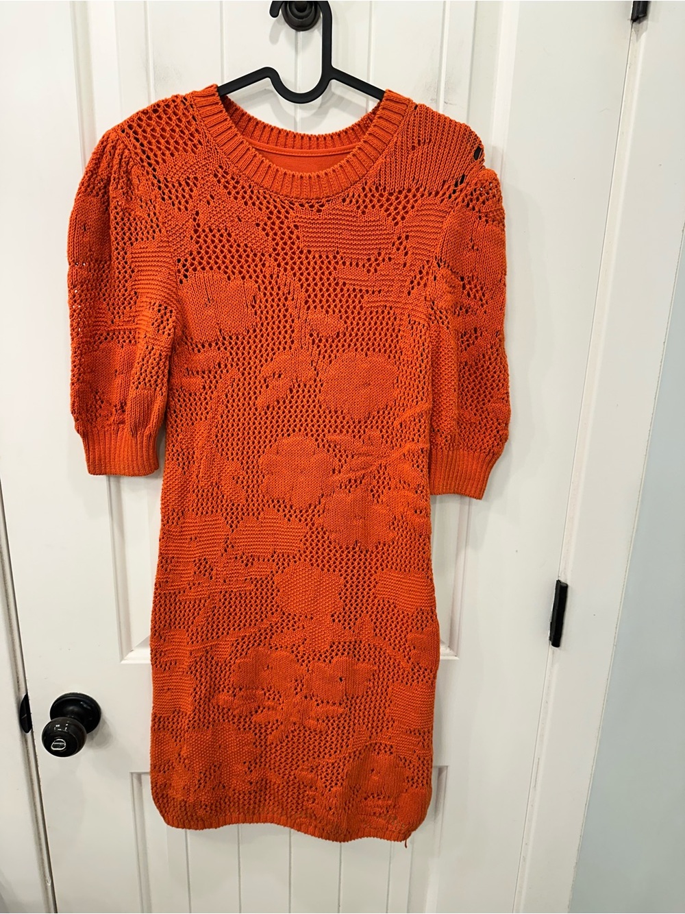 MAEVE BY ANTHROPOLOGIE Floral Open Knit Puff Sleeve Sheath Dress Orange XS